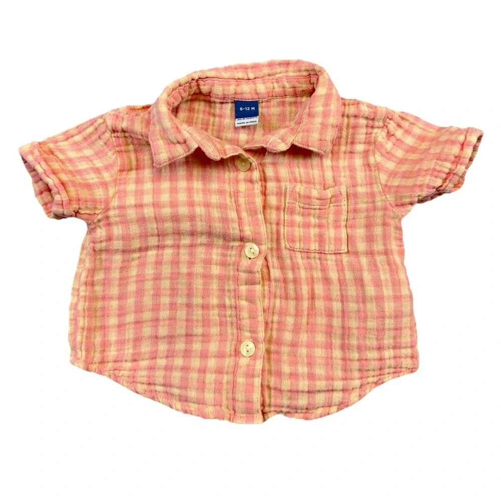 Old Navy Baby Unisex Check Gauze 100% Cotton‎ Button Shirt Sz 6-12 Months Preppy